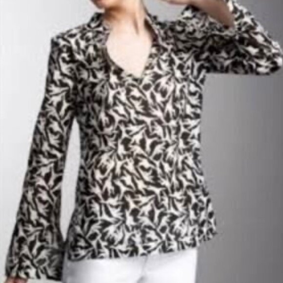TORY BURCH Women's Black & White Monkey Print Sequins V-Neck Cotton Blouse Sz 0 - Picture 8 of 8